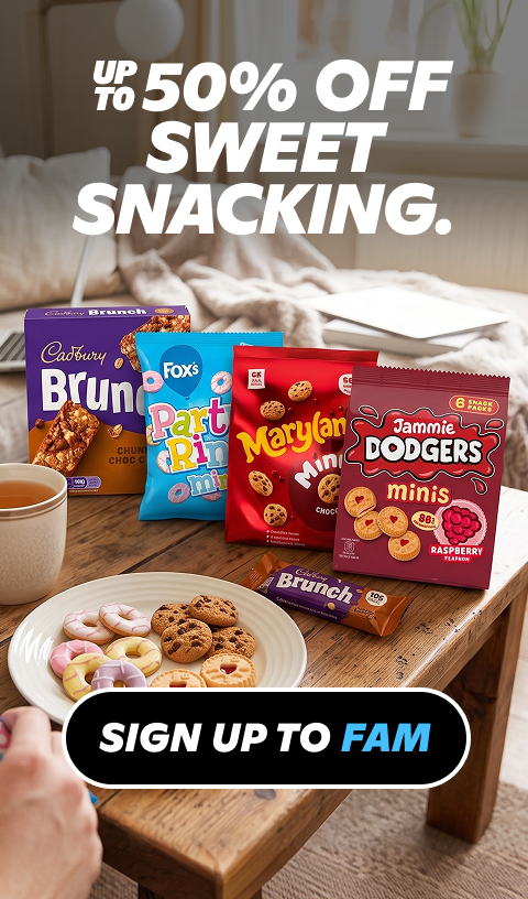 Gopuff: 50% off sweet snacks including Cadbury, Fox's, Maryland, Jammie Dodgers. Sign up to FAM.