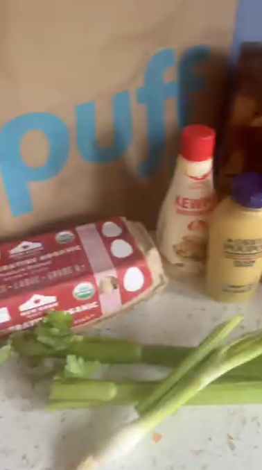 Gopuff delivery of organic eggs, fresh celery, Kewpie mayo, and Primal Kitchen dressing.