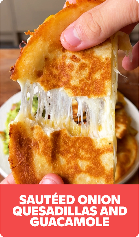 Gopuff Sautéed Onion Quesadillas with stretchy melted cheese, served with Guacamole.