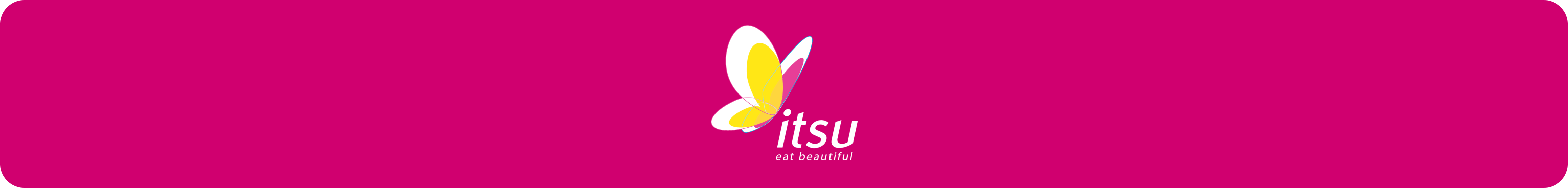 itsu logo, a colorful butterfly, and 'eat beautiful' slogan on pink.