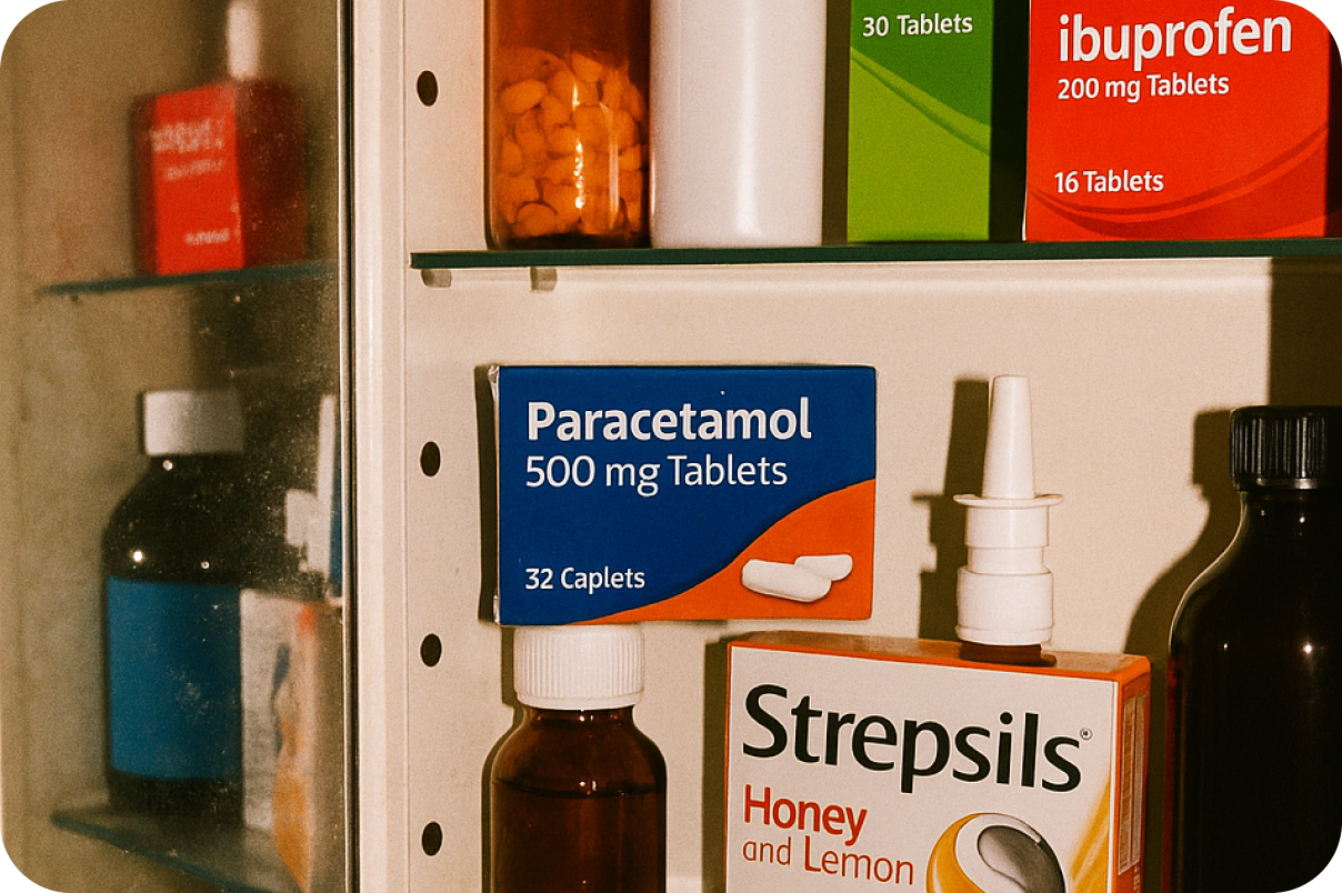 Bathroom cabinet with painkillers and cold medicine.