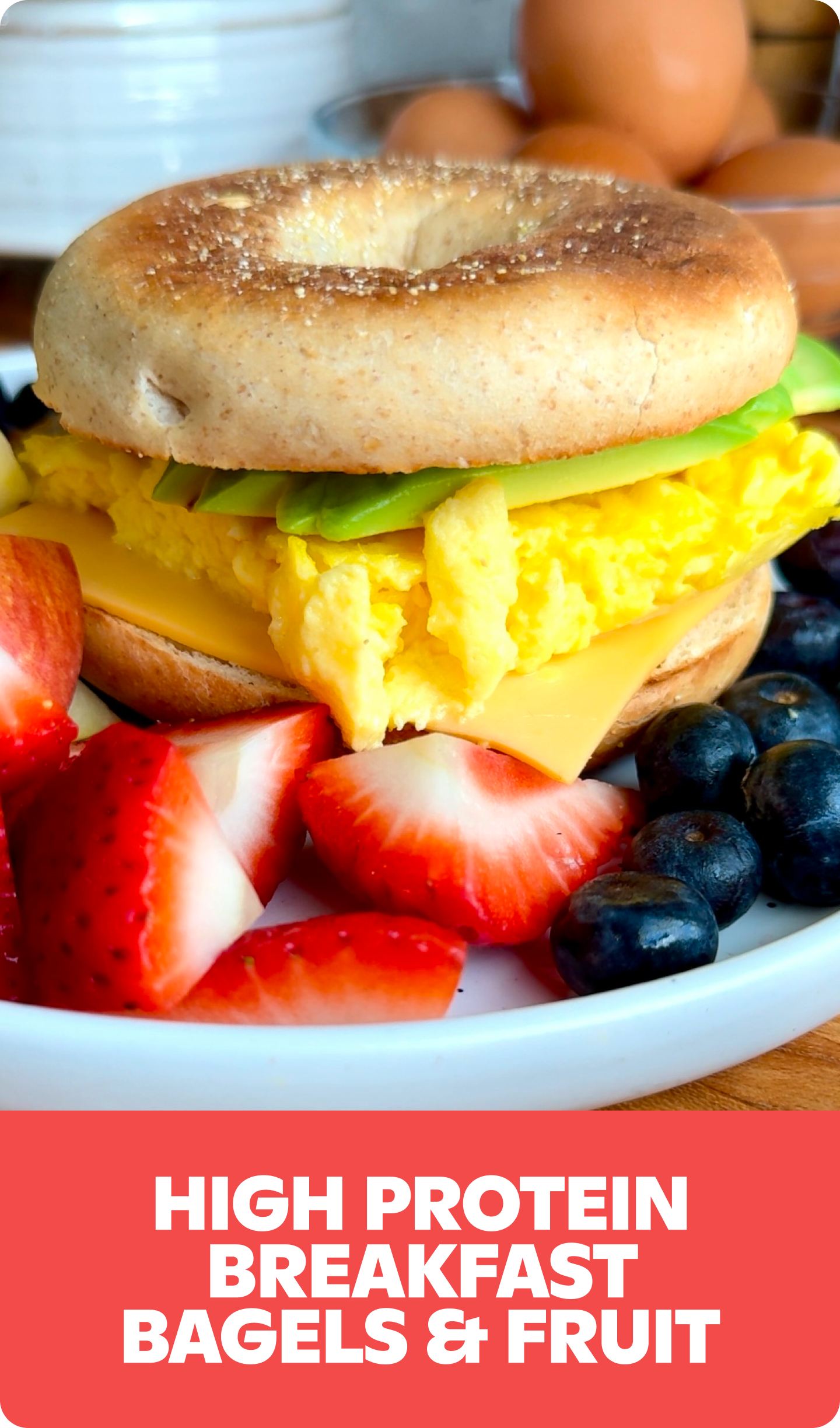 Gopuff high protein breakfast bagel with eggs, cheese, avocado, strawberries, & blueberries. Order now.