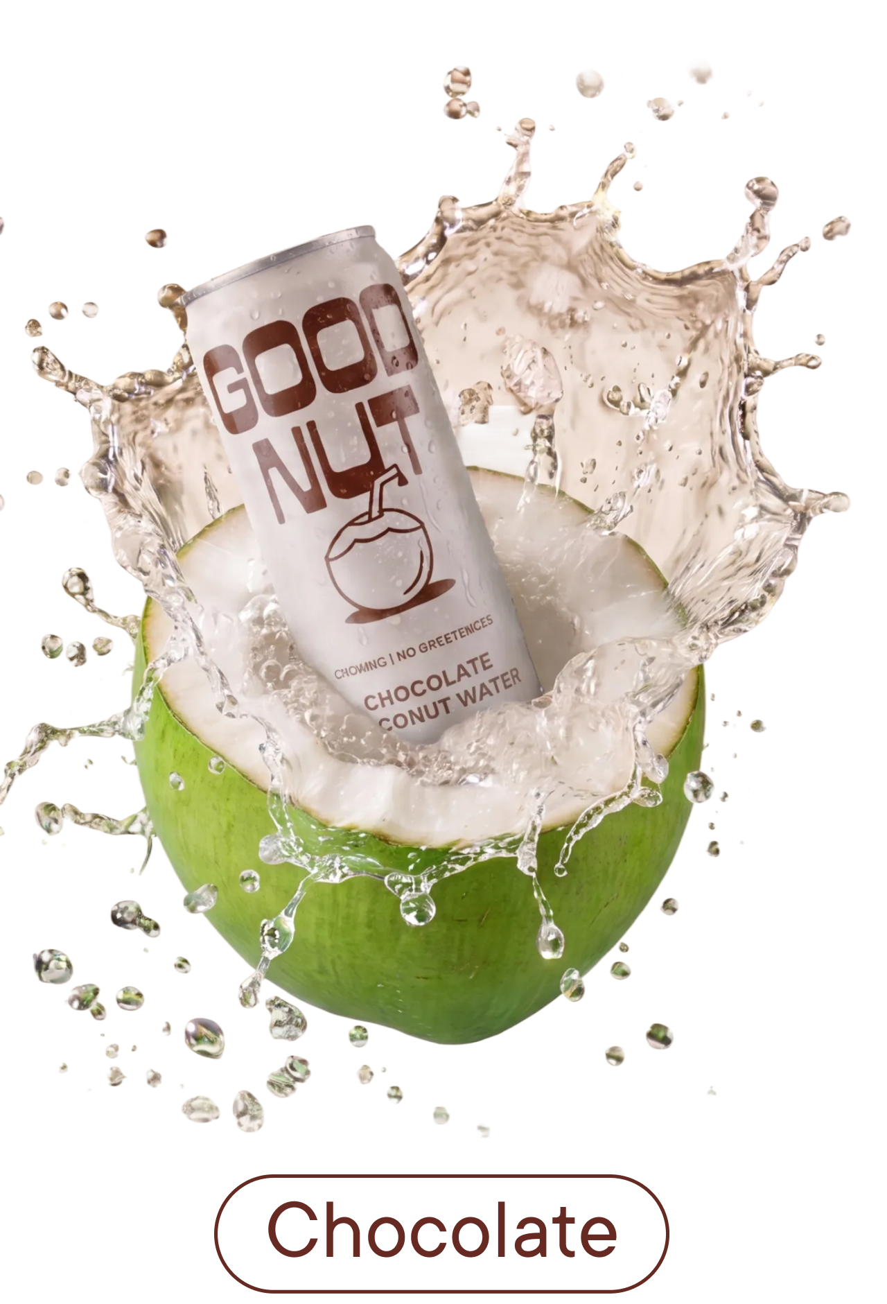 GOOD NUT Chocolate Coconut Water can splashing from a fresh coconut. Shop Gopuff chocolate drinks.