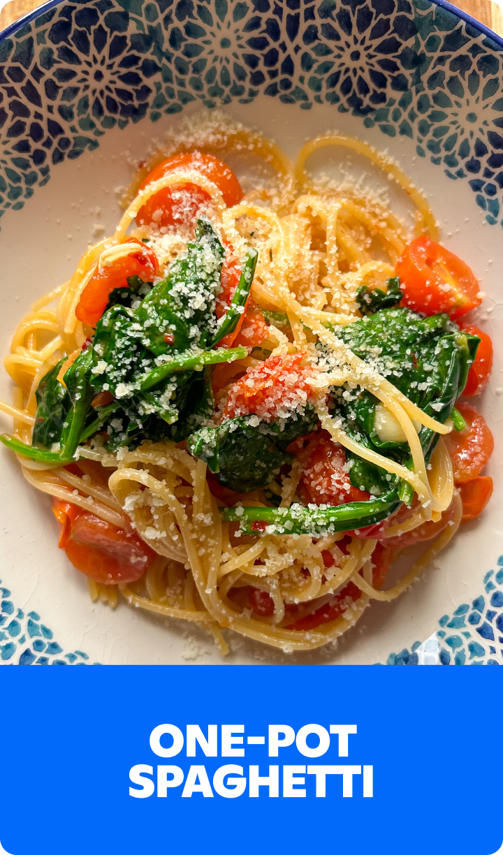 Gopuff One-Pot Spaghetti with tomatoes, spinach, and cheese. Order now for delivery!