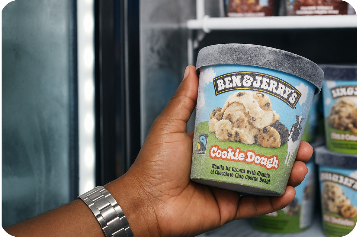 Person pulling out a tub of Ben and Jerry's cookie dough from a freezer