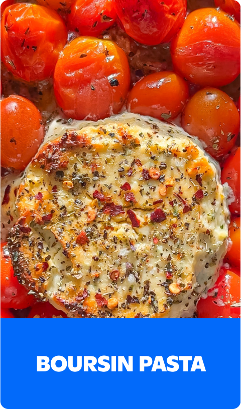 Boursin Pasta with roasted cherry tomatoes and herbs from Gopuff.