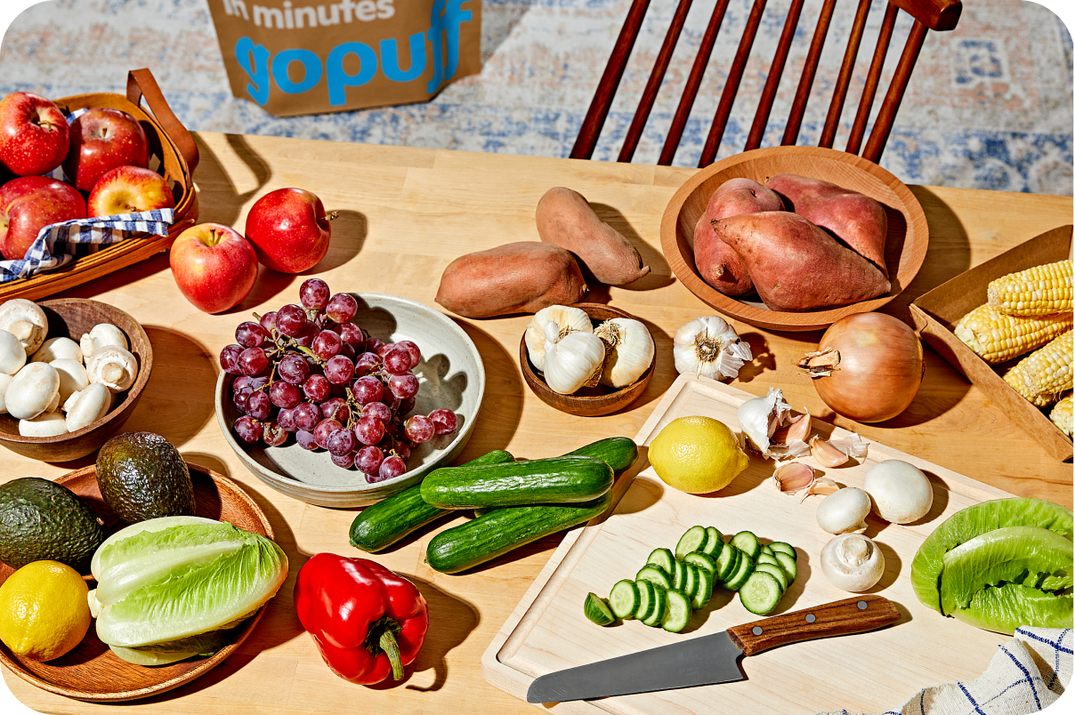 A table filled with Fruit and vegatables.