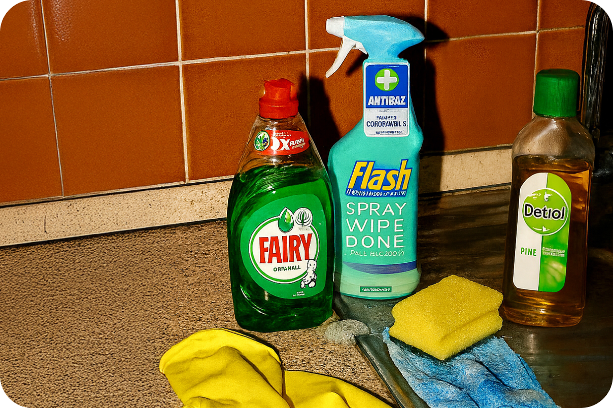 Fairy washing up branded bottles on a kitchen side
