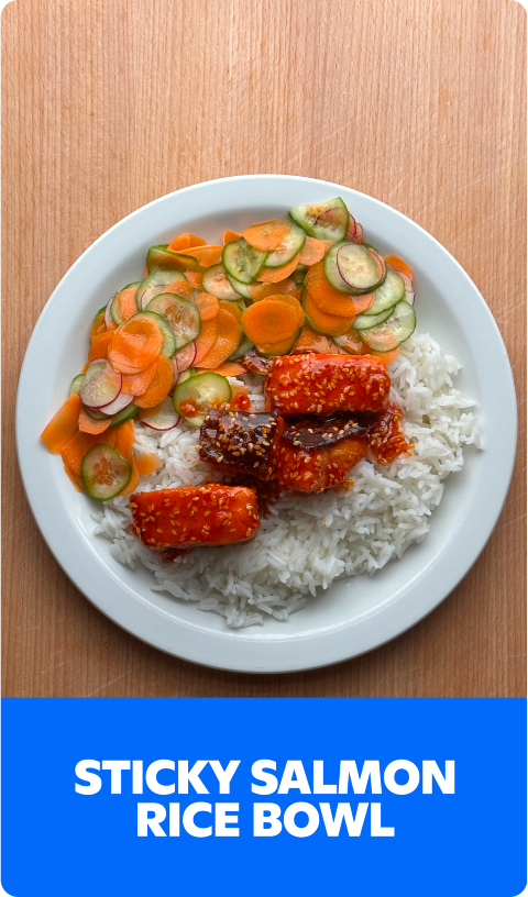 Gopuff Sticky Salmon Rice Bowl with glazed salmon, rice, carrots, cucumbers, and radishes.