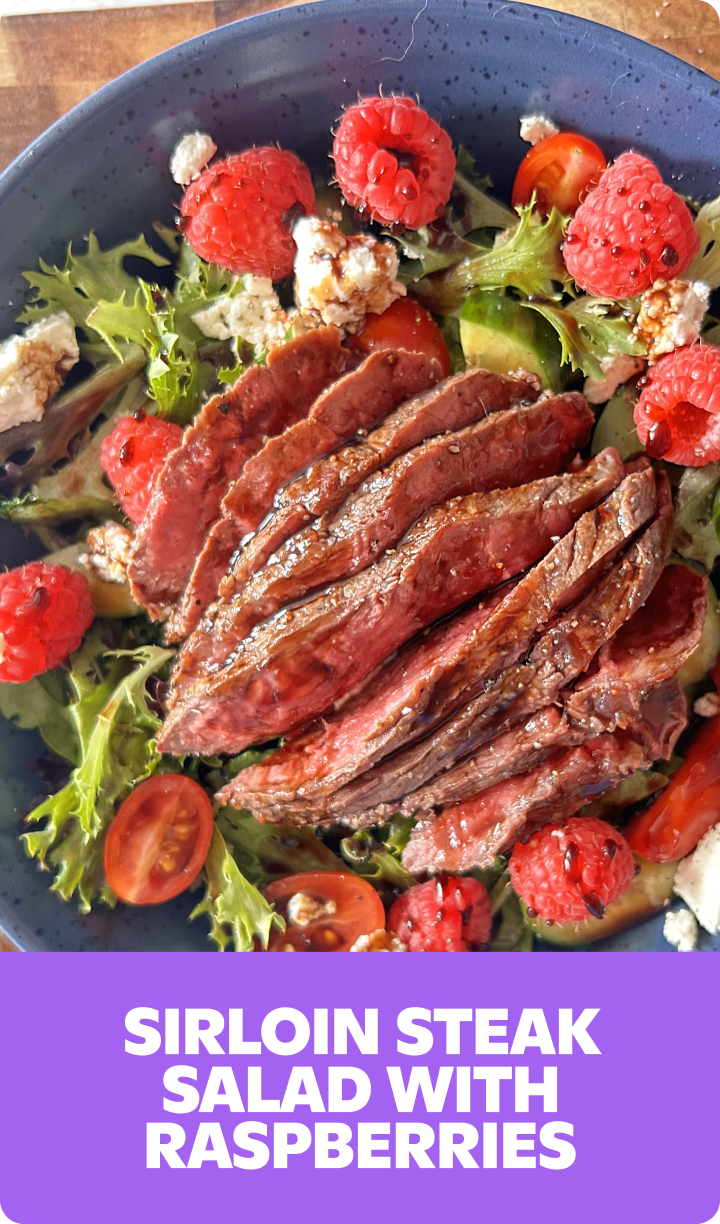 Gopuff Sirloin Steak Salad with Raspberries, feta, and balsamic glaze.