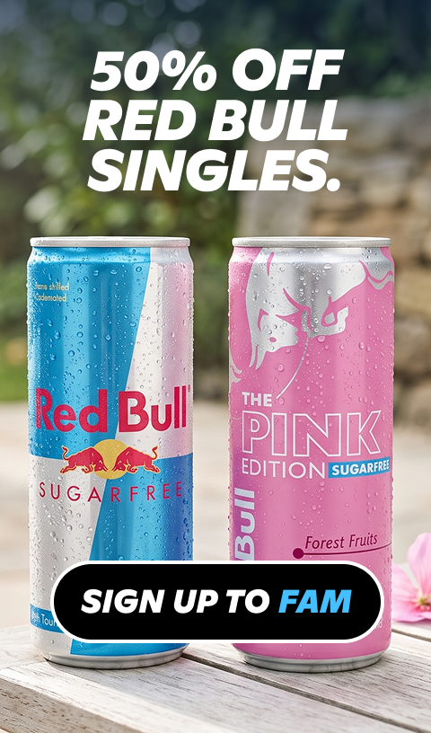 Gopuff: 50% OFF Red Bull Sugarfree & Pink Edition energy drink singles. SIGN UP TO FAM.