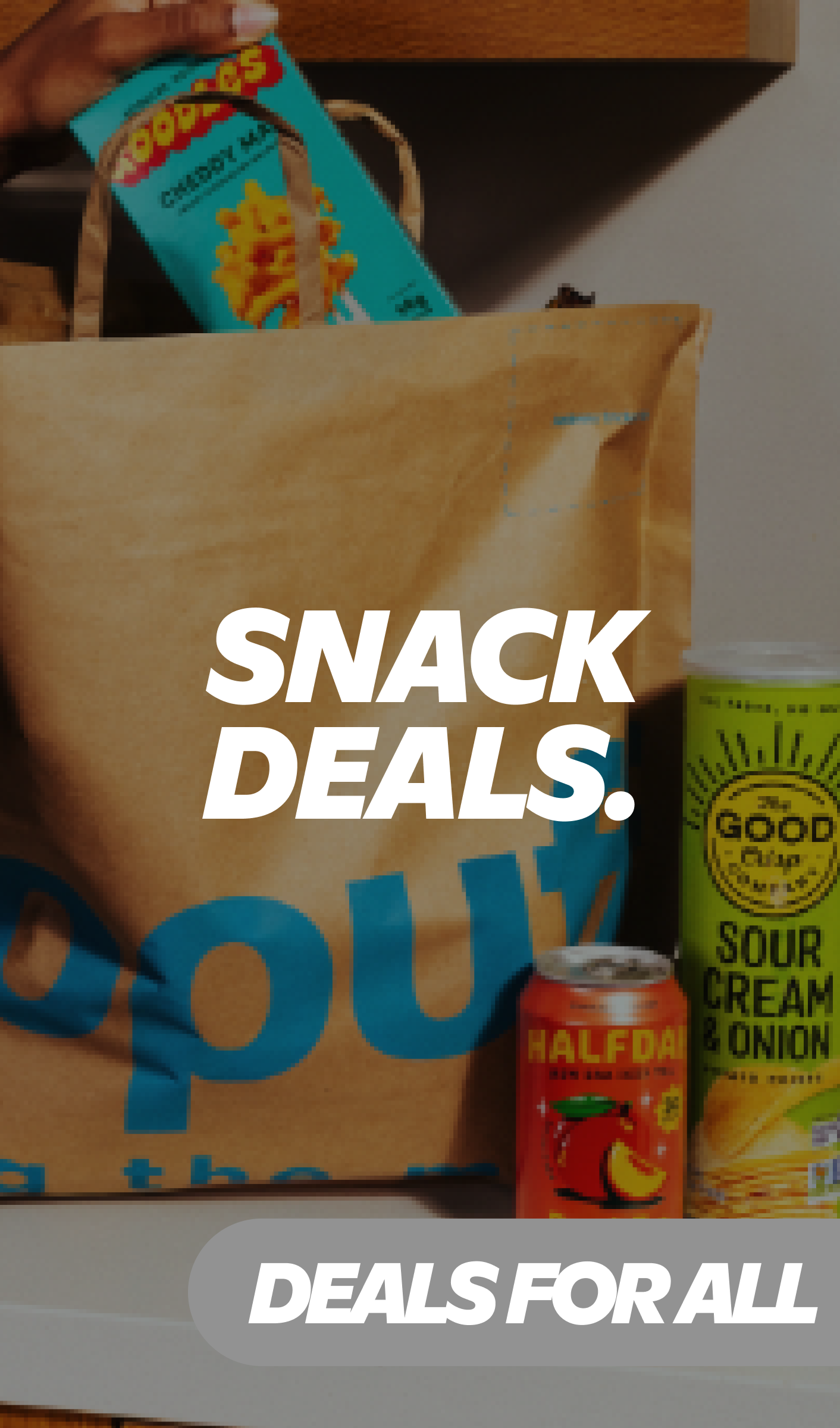 Gopuff snack deals promotion with Goodles Cheddy Mac, The Good Crisp Sour Cream and Onion chips, and Half Day Peach Tea.
