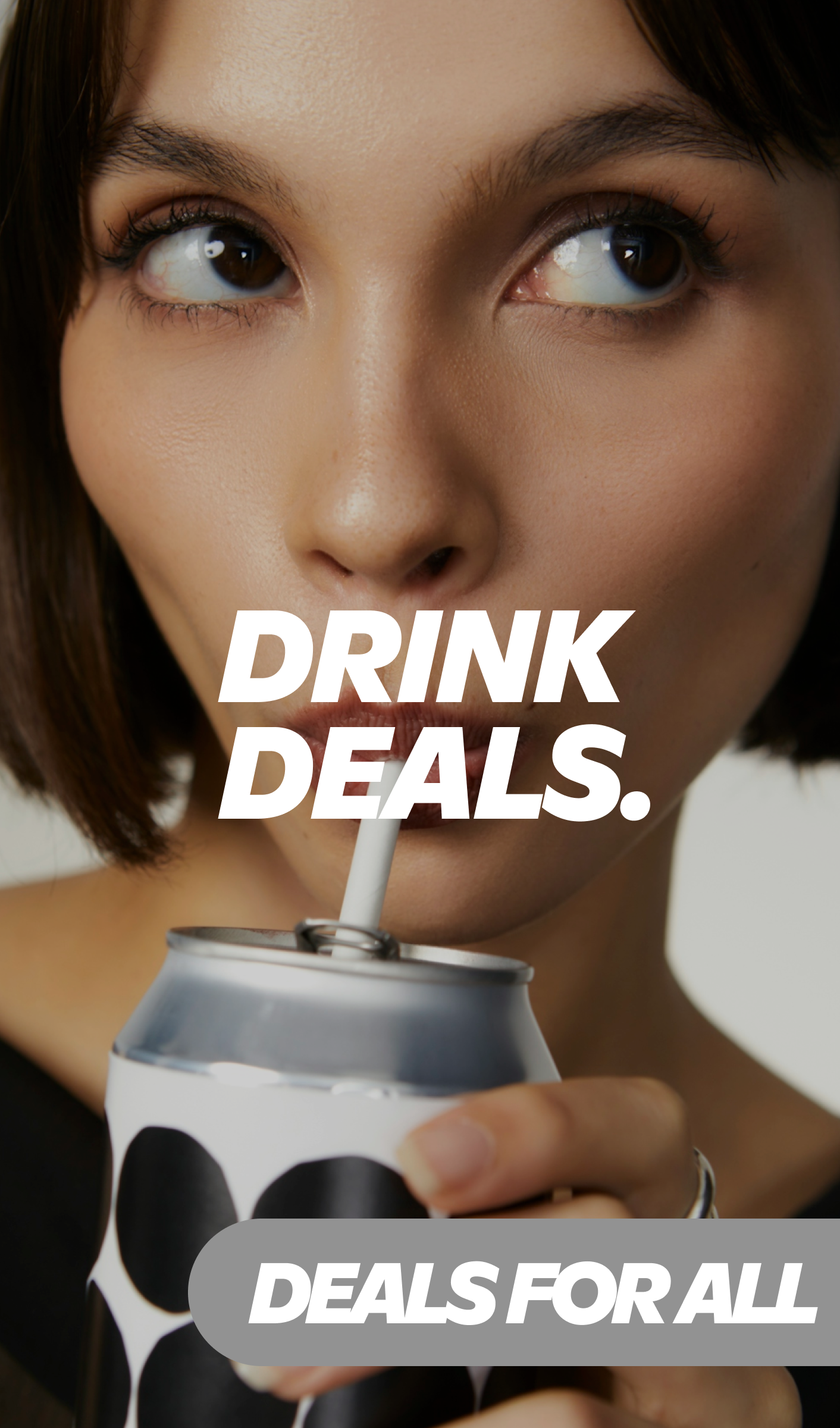 Gopuff drink deals promotion featuring woman sipping from a canned beverage with a straw.