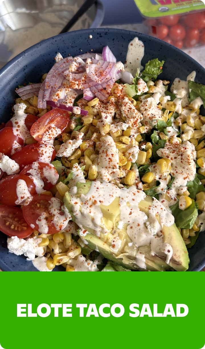 Gopuff Elote Taco Salad with corn, avocado, tomatoes, red onion, cheese, and creamy dressing. Order now!