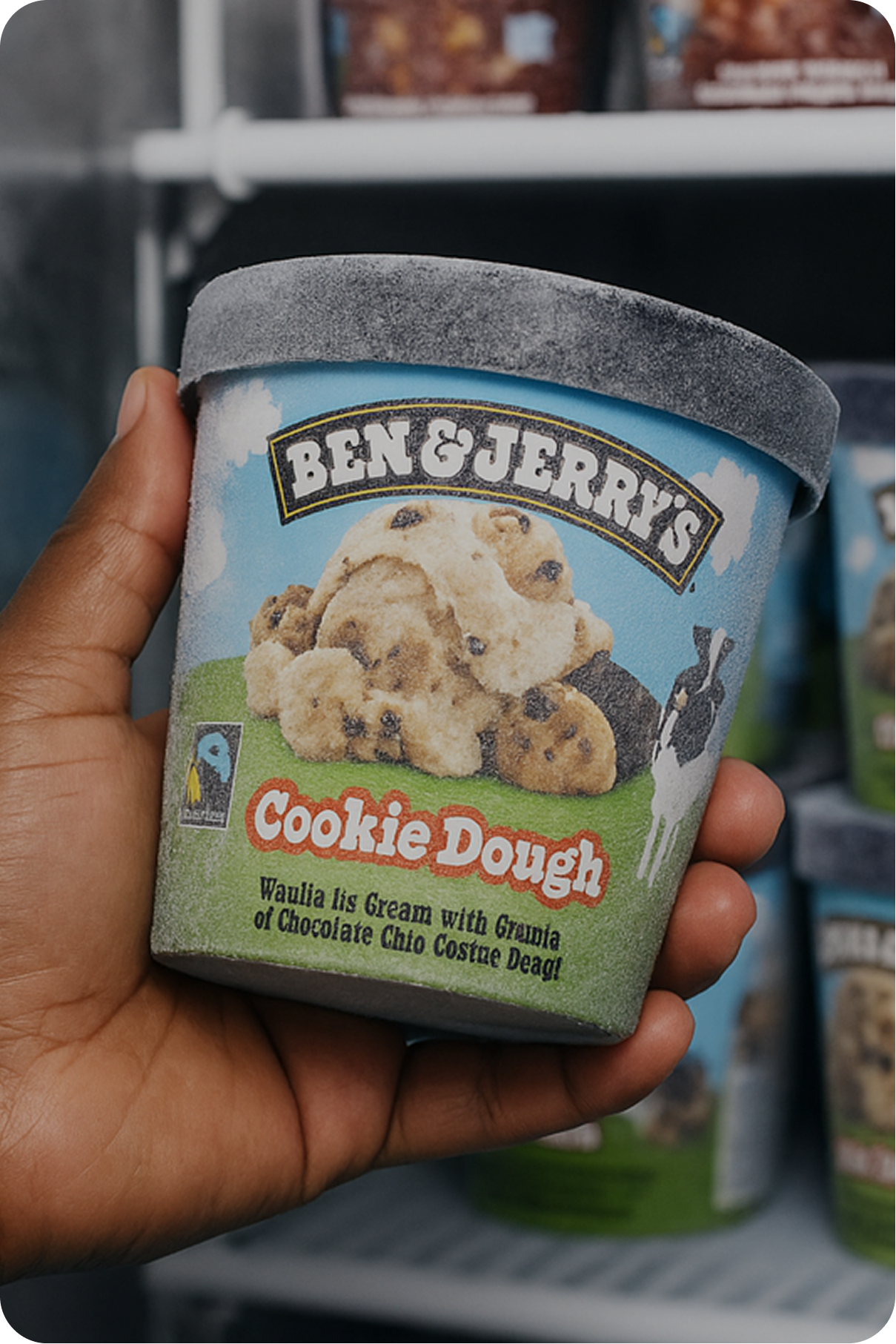 A person's hand holds a container of Ben & Jerry's "Cookie Dough" ice cream in a freezer aisle. The container is frosty, and the person's thumb is visible near the bottom of the container.