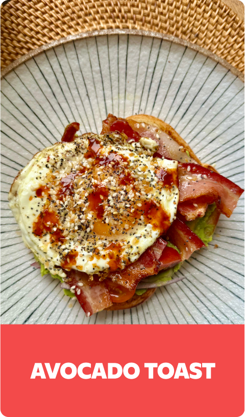 Gopuff AVOCADO TOAST with fried egg, bacon, and seeds. Order breakfast food now.