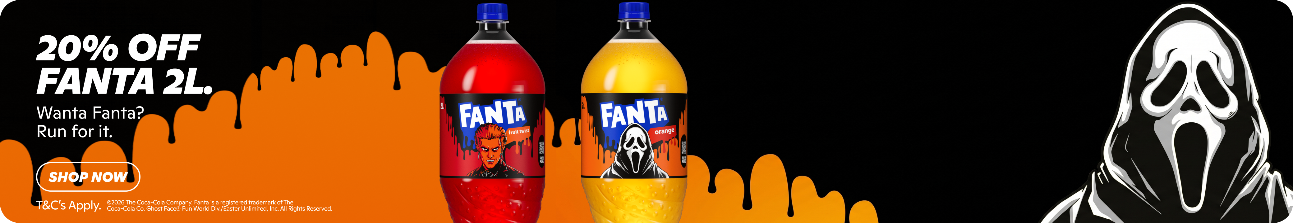 Gopuff: 20% off Fanta 2L soft drink bottles featuring Ghost Face & vampire designs. Shop Now!