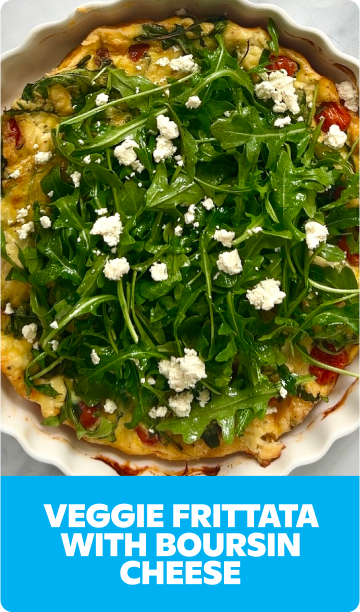 Gopuff veggie frittata with Boursin Cheese, fresh arugula, and crumbled cheese. Order now.