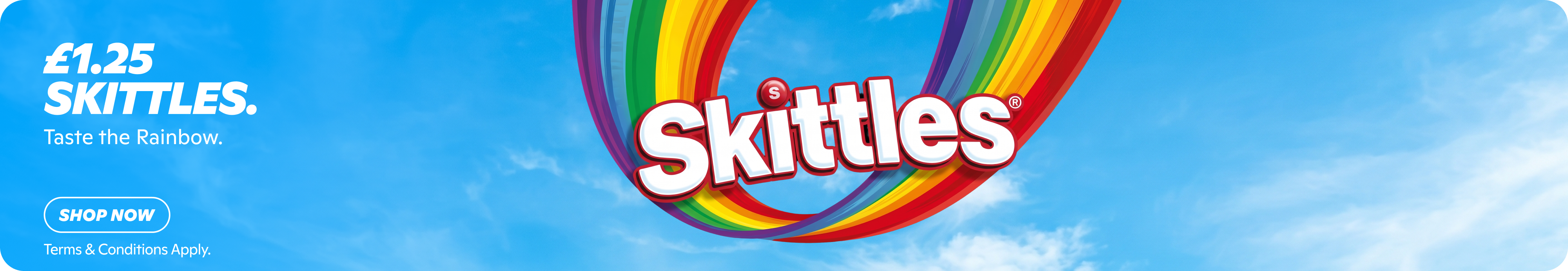 Gopuff Skittles sweets for £1.25. Skittles logo with rainbow. Taste the Rainbow. Shop Now.