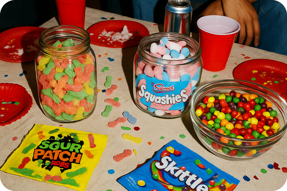 Woman holding a bag of Basically Mixed Berry Gummy Bears while smiling and dancing.