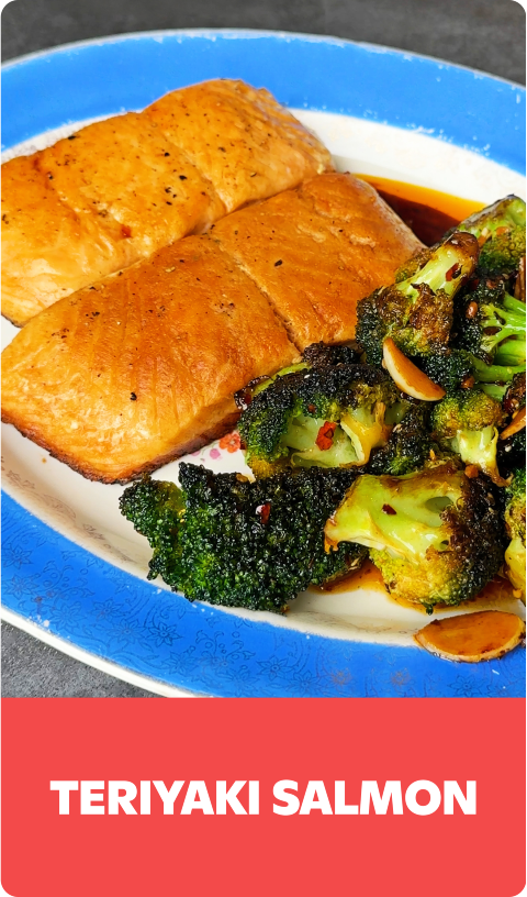 Gopuff Teriyaki Salmon meal with roasted broccoli.