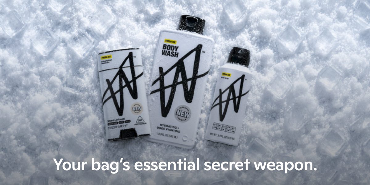 W Fresh Ice body wash, deodorant, and body spray resting on ice with text: Your bag's essential secret weapon.