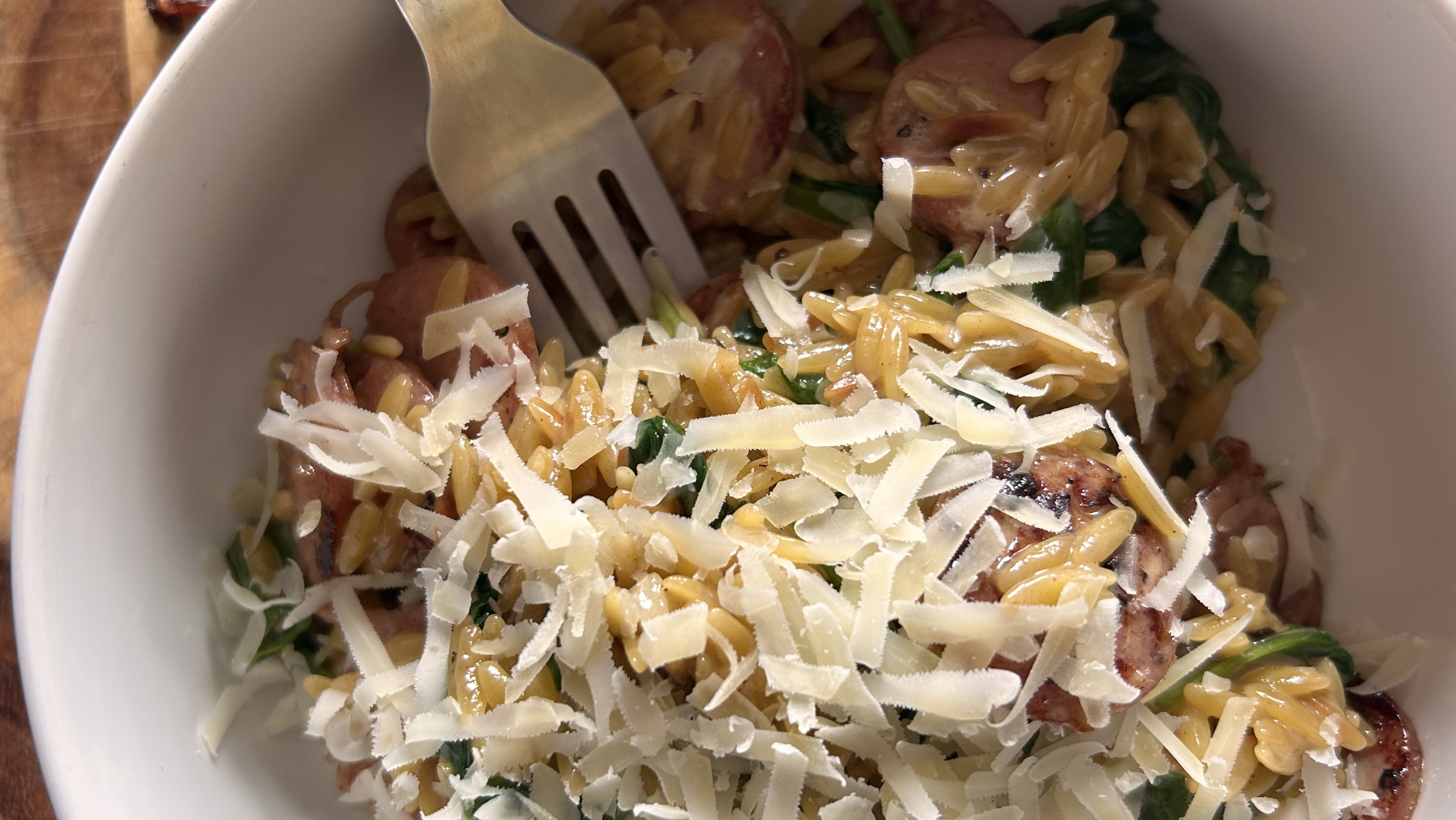 Gopuff orzo pasta with sausage, spinach, and Parmesan cheese. Scan Now.