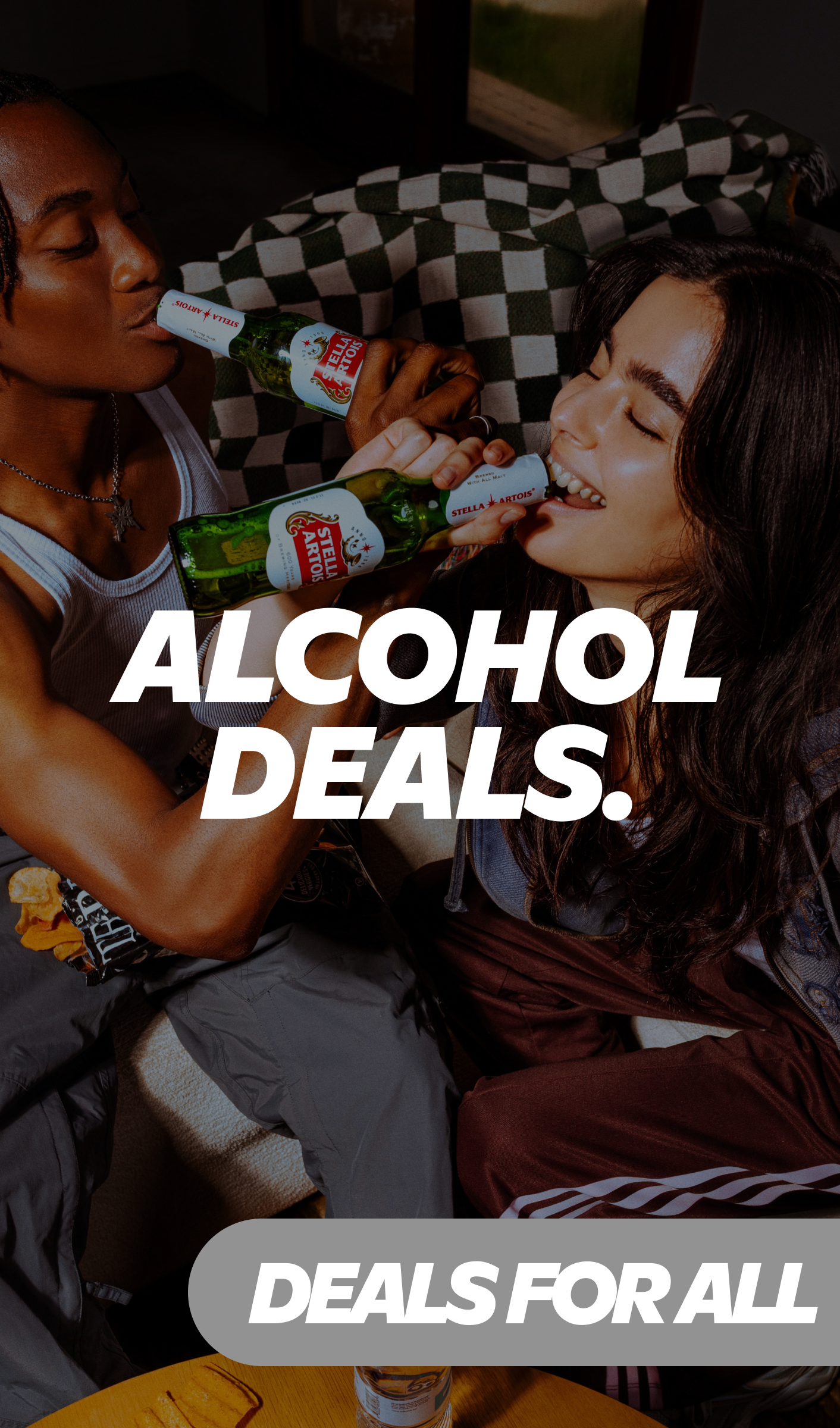 Gopuff alcohol deals promotion with friends drinking Stella Artois beer bottles.