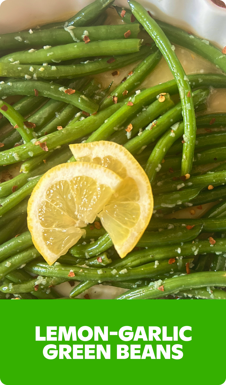 Gopuff Lemon-Garlic Green Beans, a fresh side dish with red pepper flakes and lemon slices.