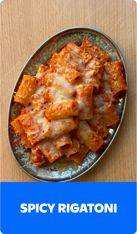 Gopuff's spicy rigatoni pasta with melted cheese and red sauce.