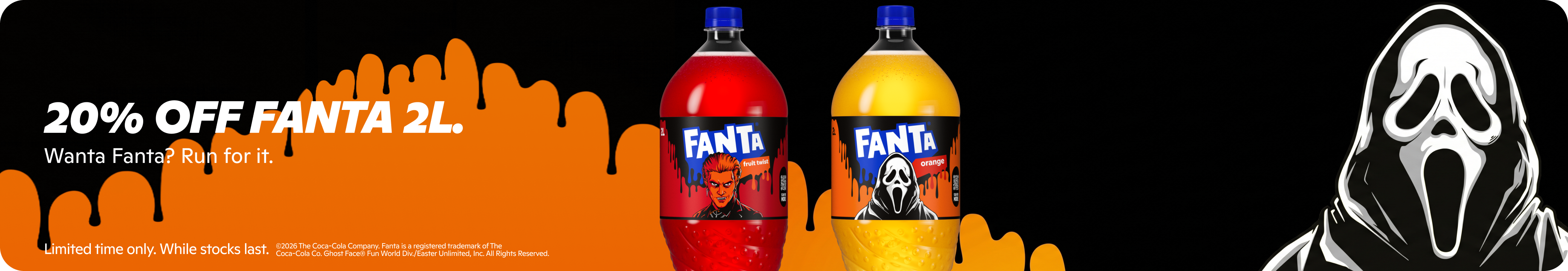 20% OFF Fanta 2L drinks on Gopuff. Halloween theme with Ghost Face.