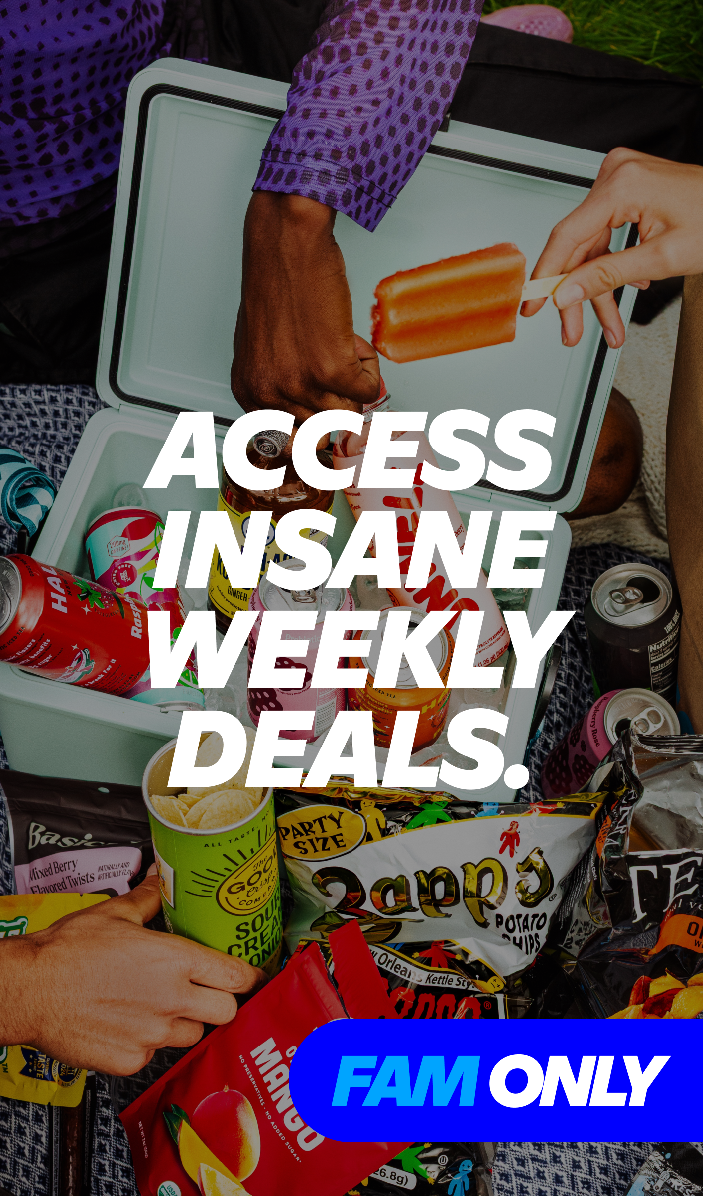 Gopuff FAM Only insane weekly deals featuring snacks like Zapp's, The Good Crisp, and Health-Ade Kombucha with drinks and popsicles in a cooler.