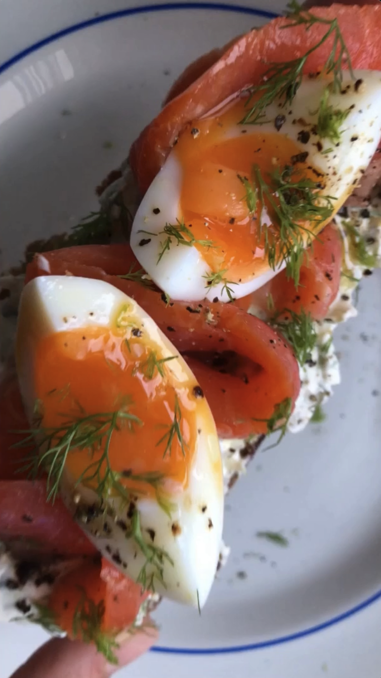 Gopuff: Smoked salmon toast with cream cheese, soft-boiled eggs, dill, and pepper. Order breakfast now.