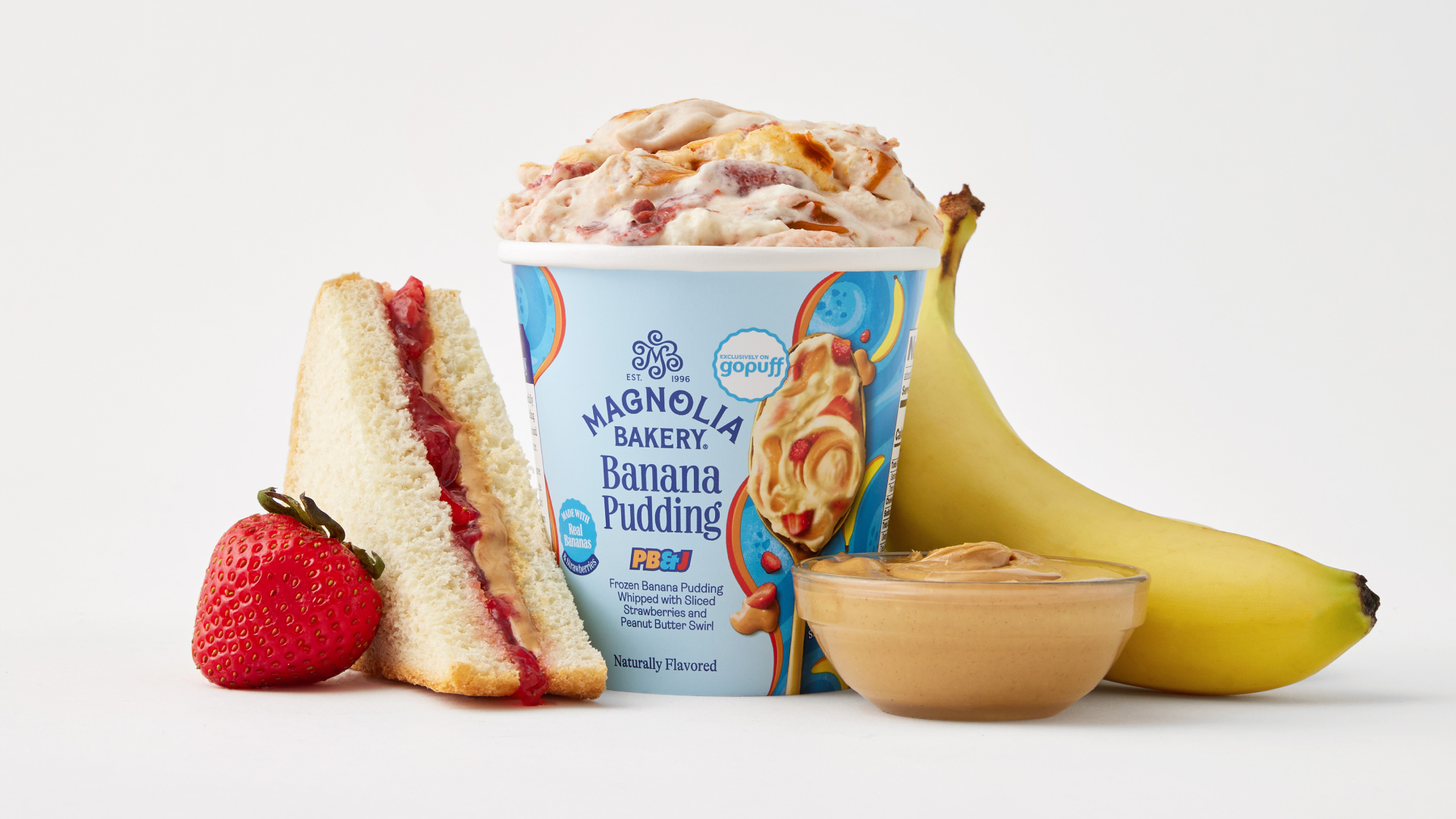 Magnolia Bakery Banana Pudding PB&J frozen dessert, exclusively on Gopuff. Features banana, strawberry, and peanut butter.