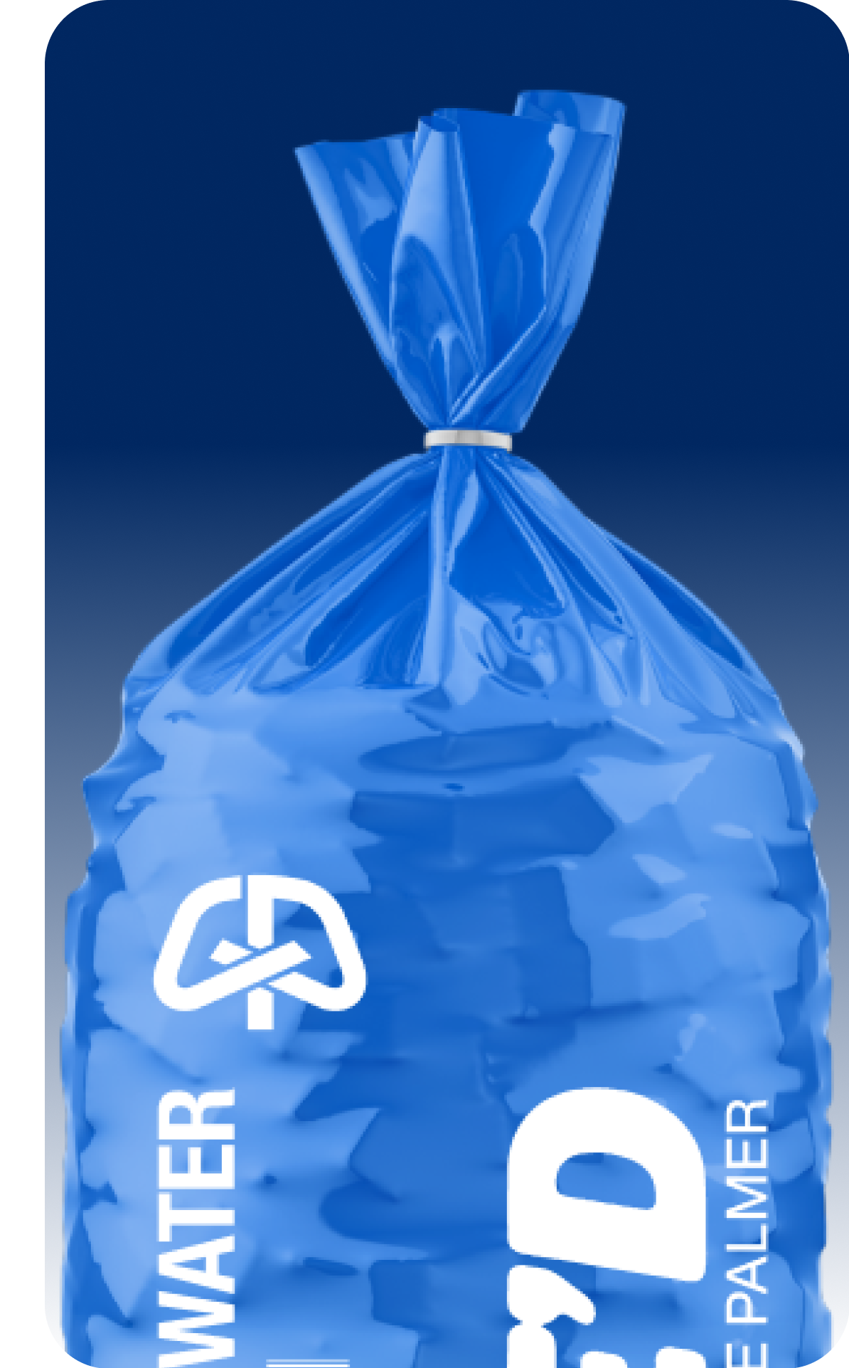 Gopuff blue bag of ice with Gopuff's G-shaped recycling logo and "WATER PALMER" text.