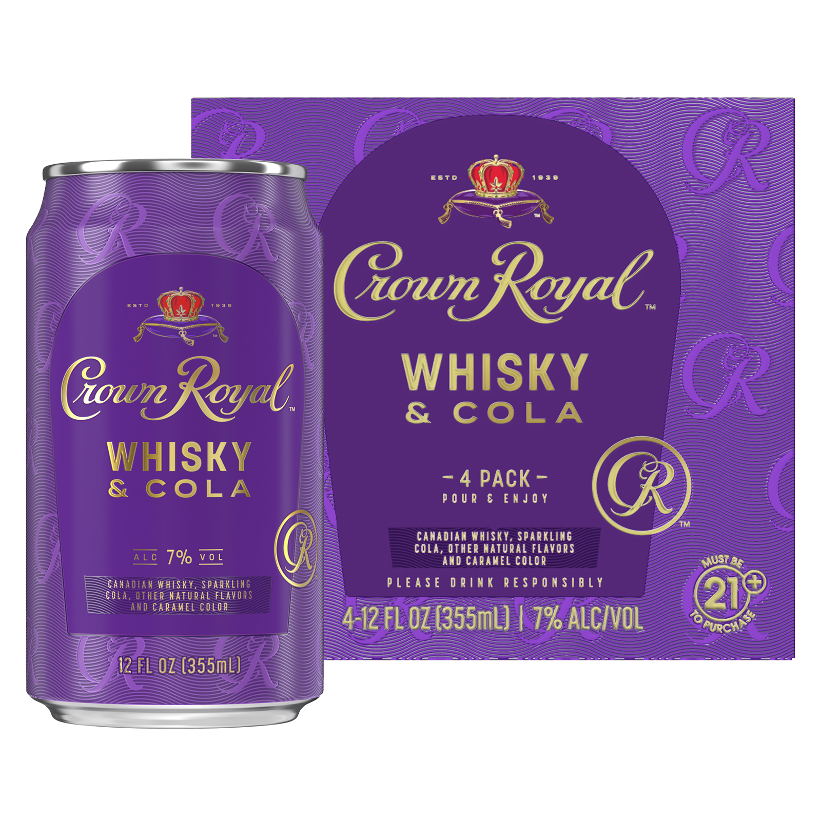 Crown Royal Whisky and Cola Canadian Whisky Cocktail, 4pk 12oz Can 7% ABV