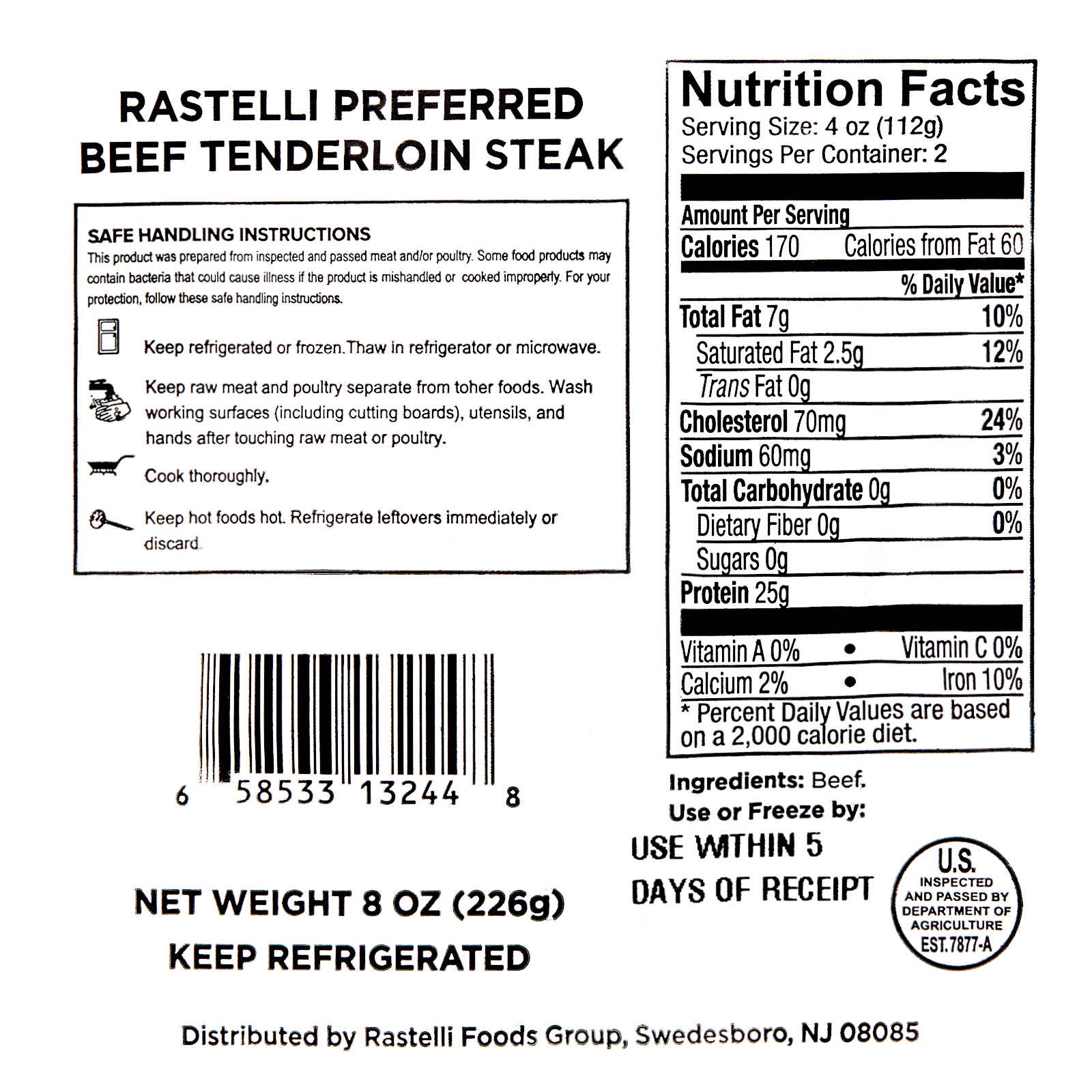 Rastelli's Preferred Frozen Filet Mignon Beef Tenderloin Steak 8oz