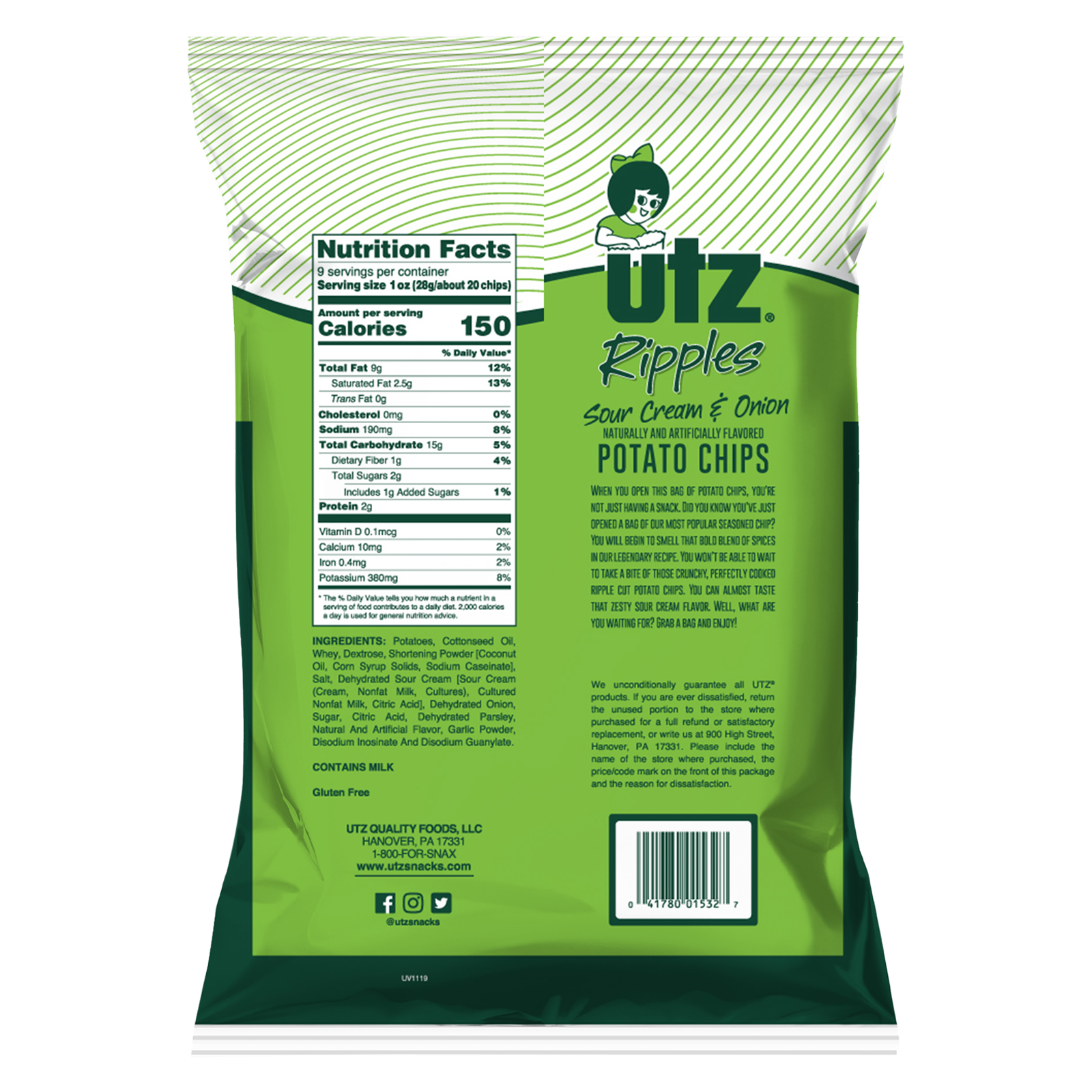 Utz Potato Chips Ripples Sour Cream & Onion 9oz Delivered In As Fast