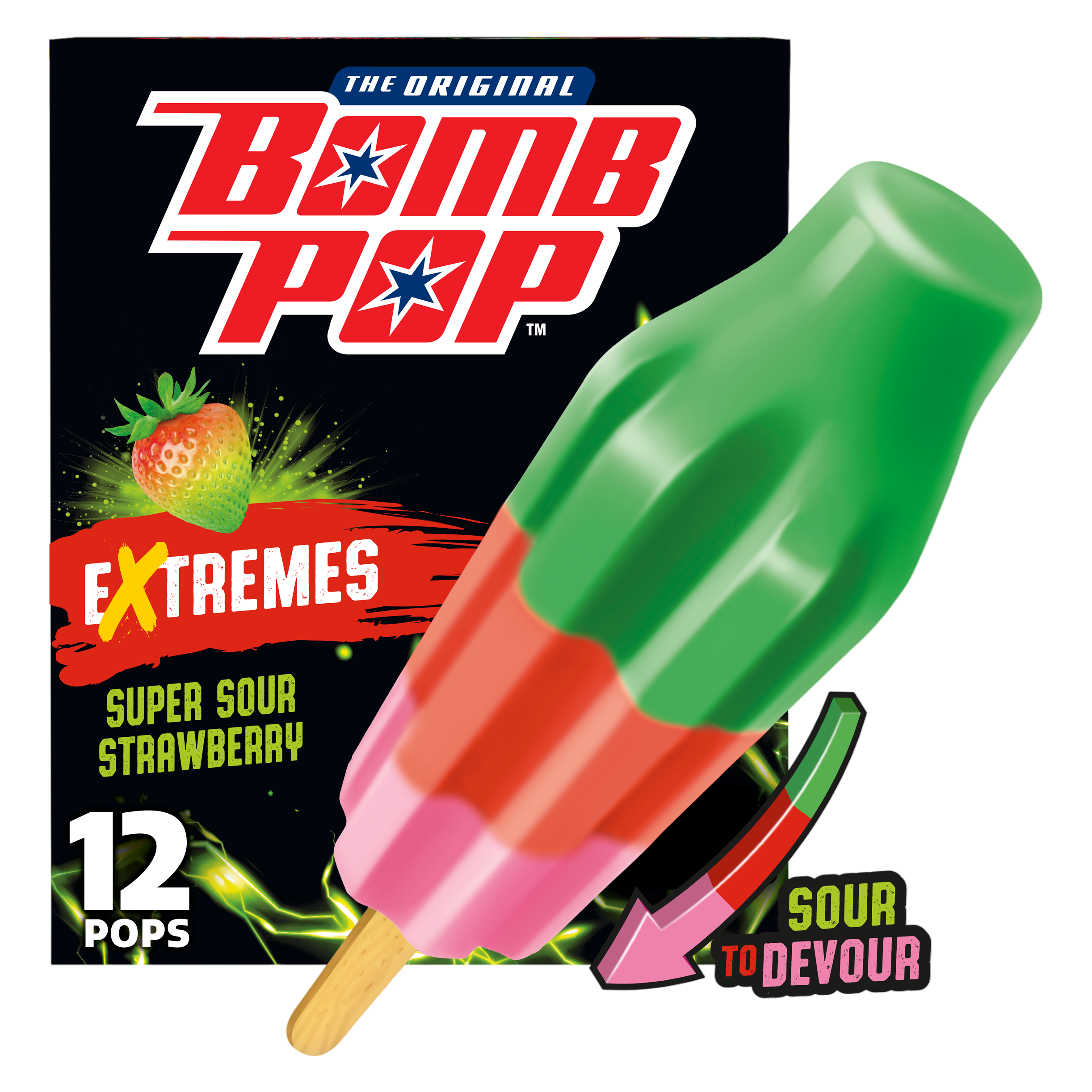 Bomb Pop Extremes Super Sour Strawberry Ice Pops 12ct