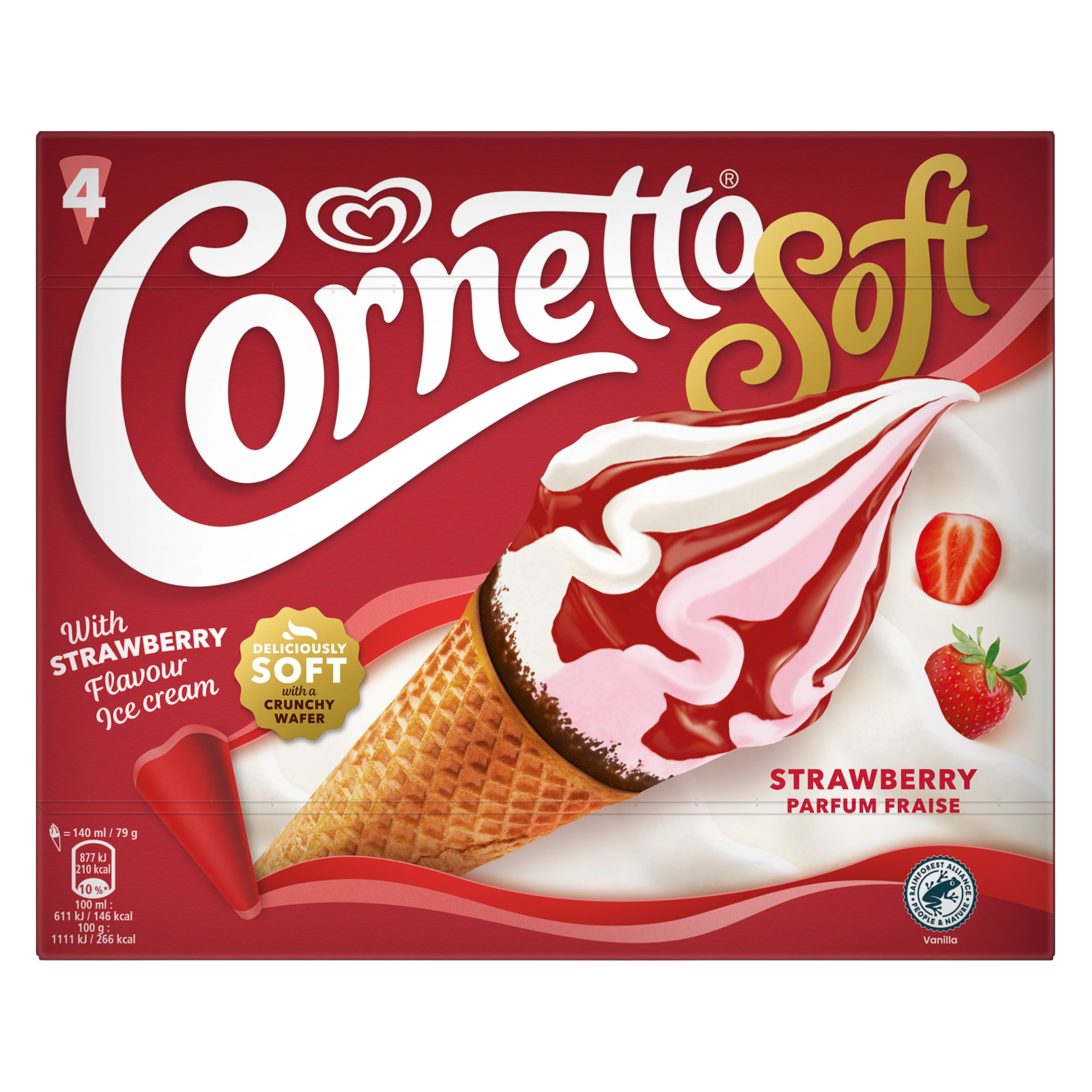 Cornetto Soft Strawberry Cone, 4 x 140ml