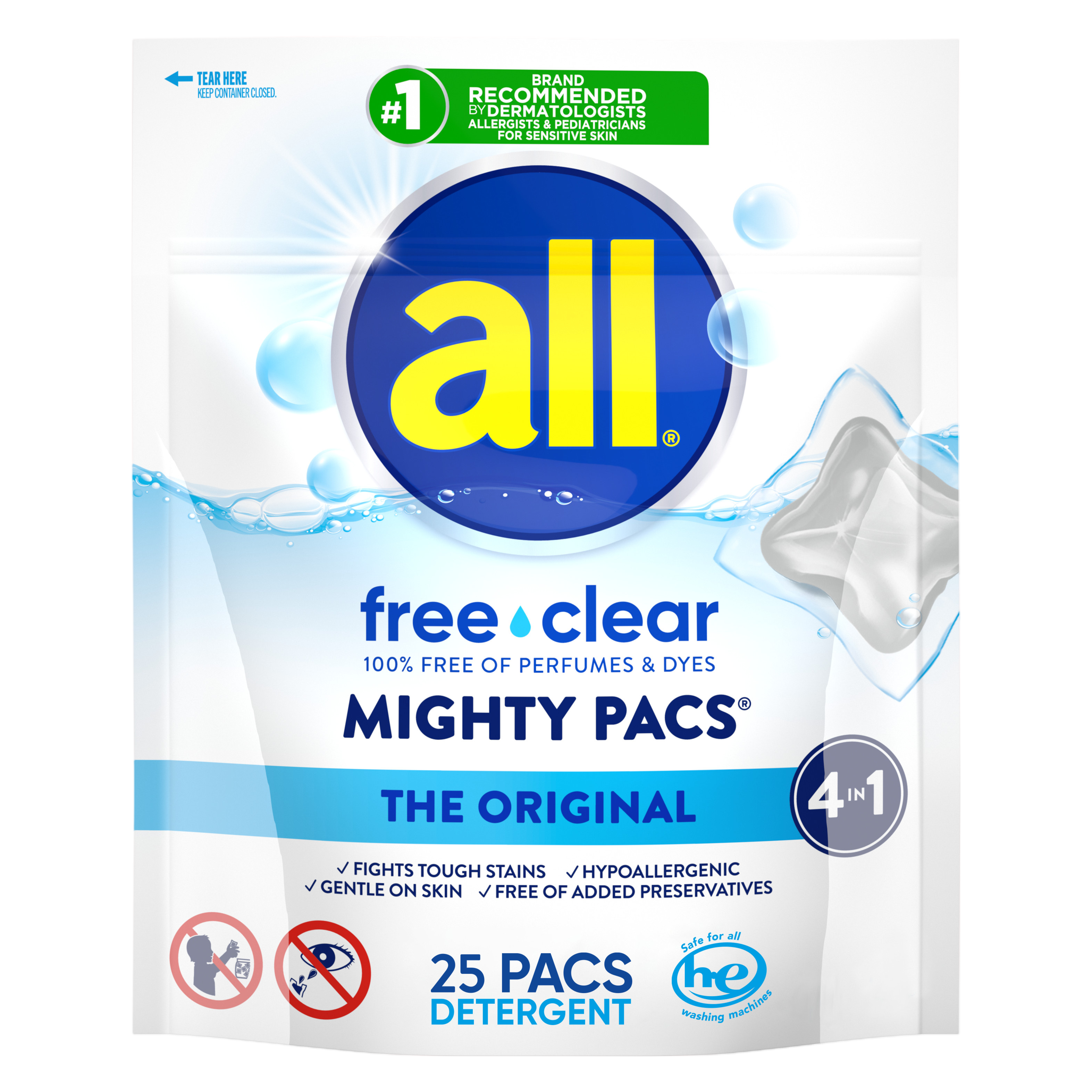 All Mighty Pacs Laundry Detergent Pacs Free Clear 25 Count