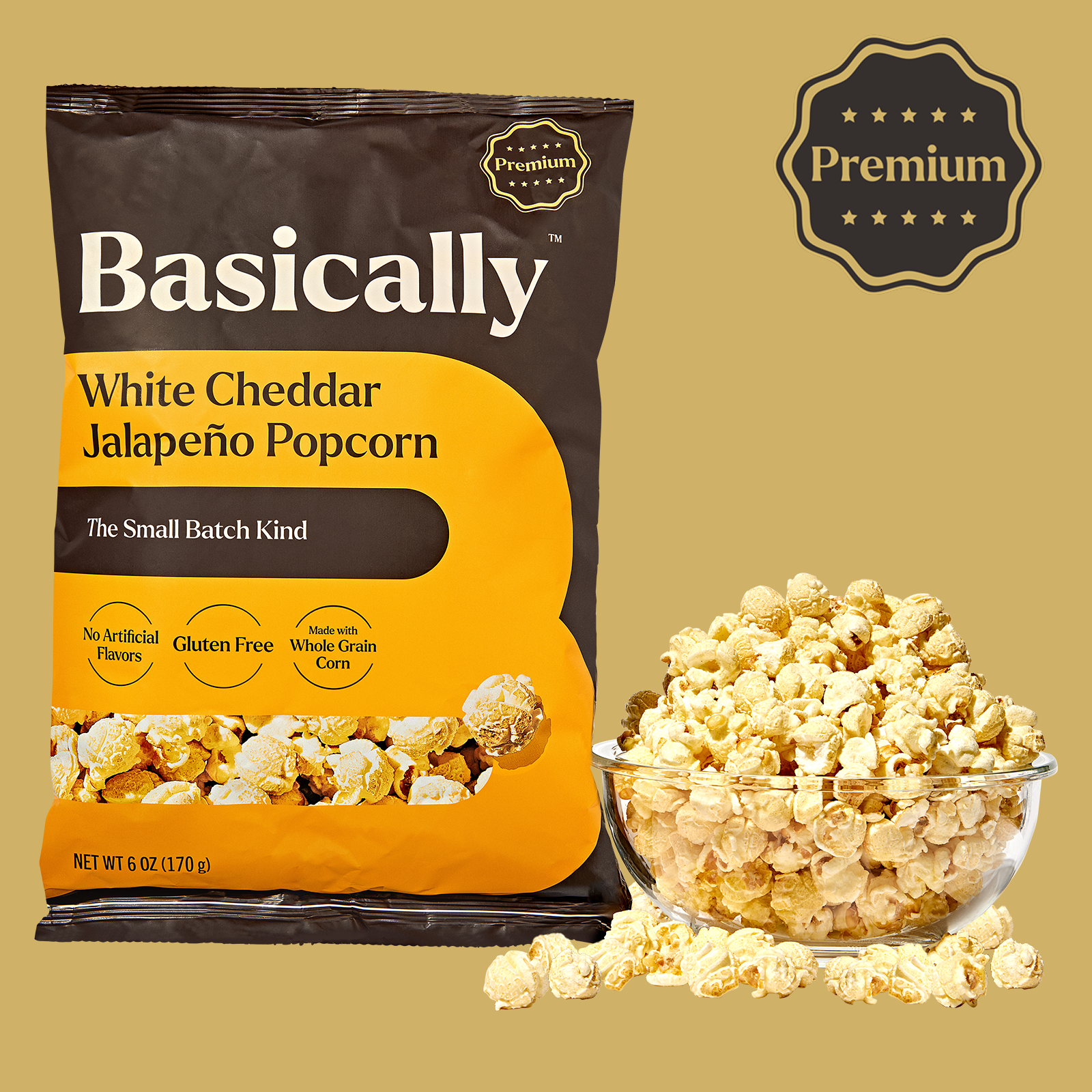 Basically Premium White Cheddar Jalapeño Small Batch Popcorn 6 oz.